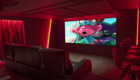 Home cinema with red LED lights, Poppyseeds on screen