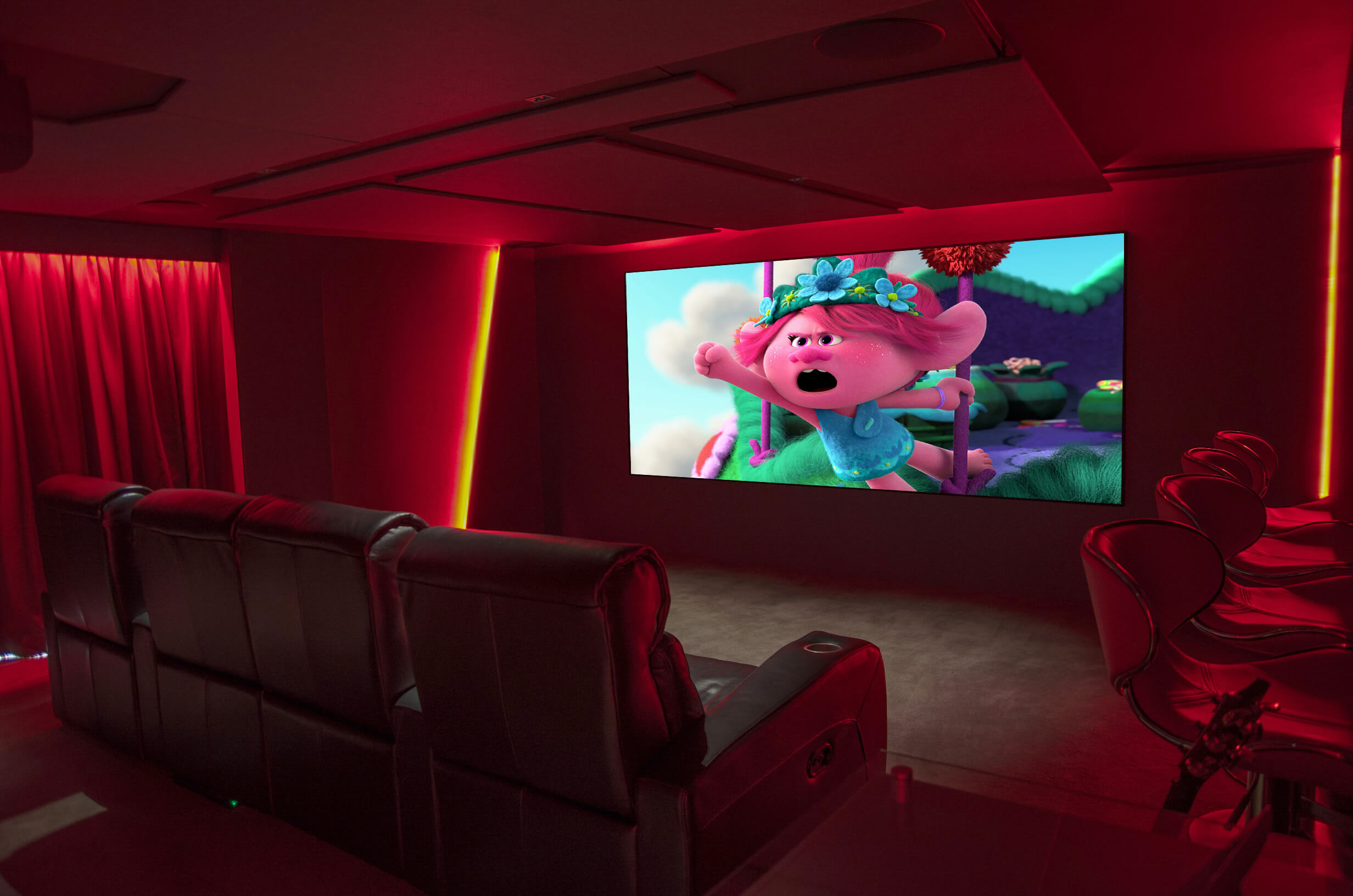 Home cinema with red LED lights, Poppyseeds on screen
